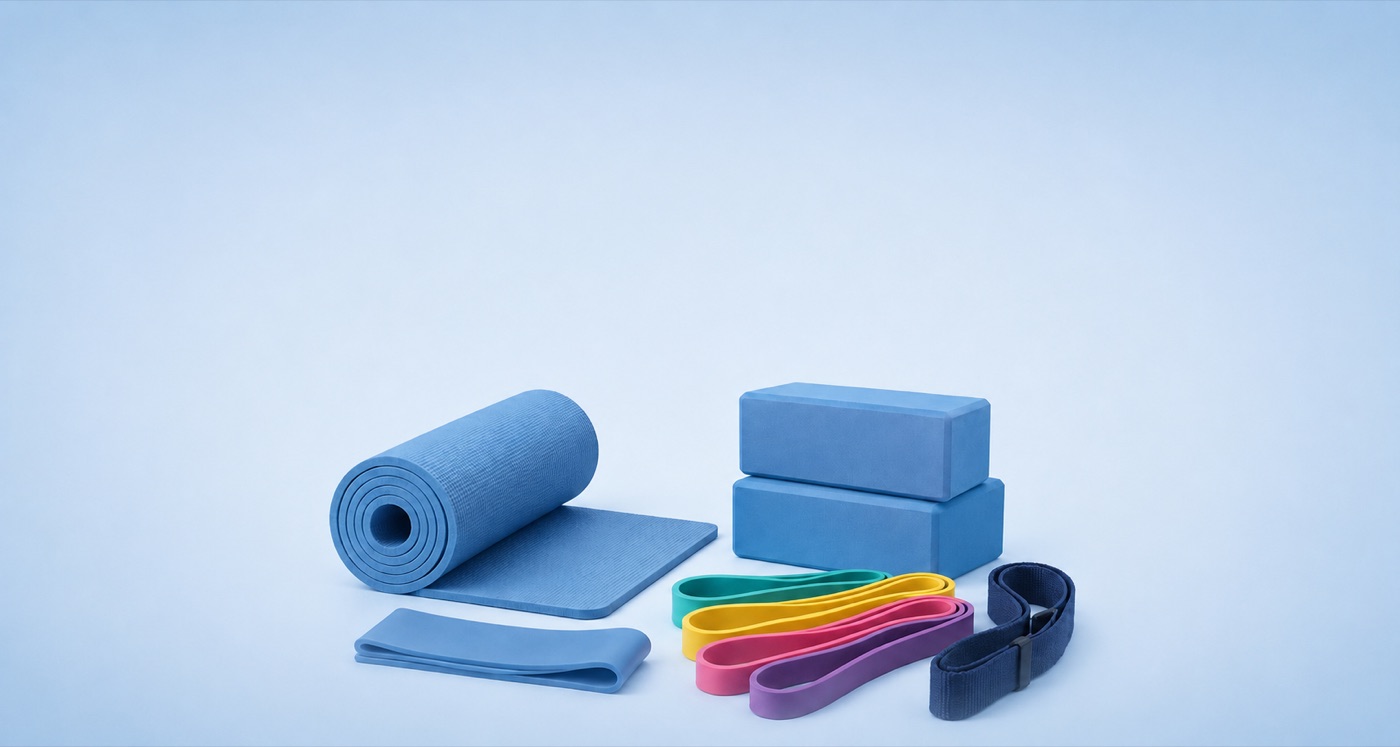 Equipment needed: mat, yoga blocks, resistance bands and a strap